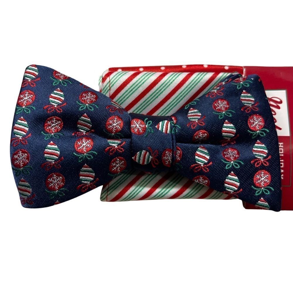 Noel Holiday Collection Print Bow Tie & Stripe Polkadot Pocket Square Set NWT